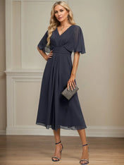 A Line V-Neck Tea-Length Chiffon Dress With Pleated