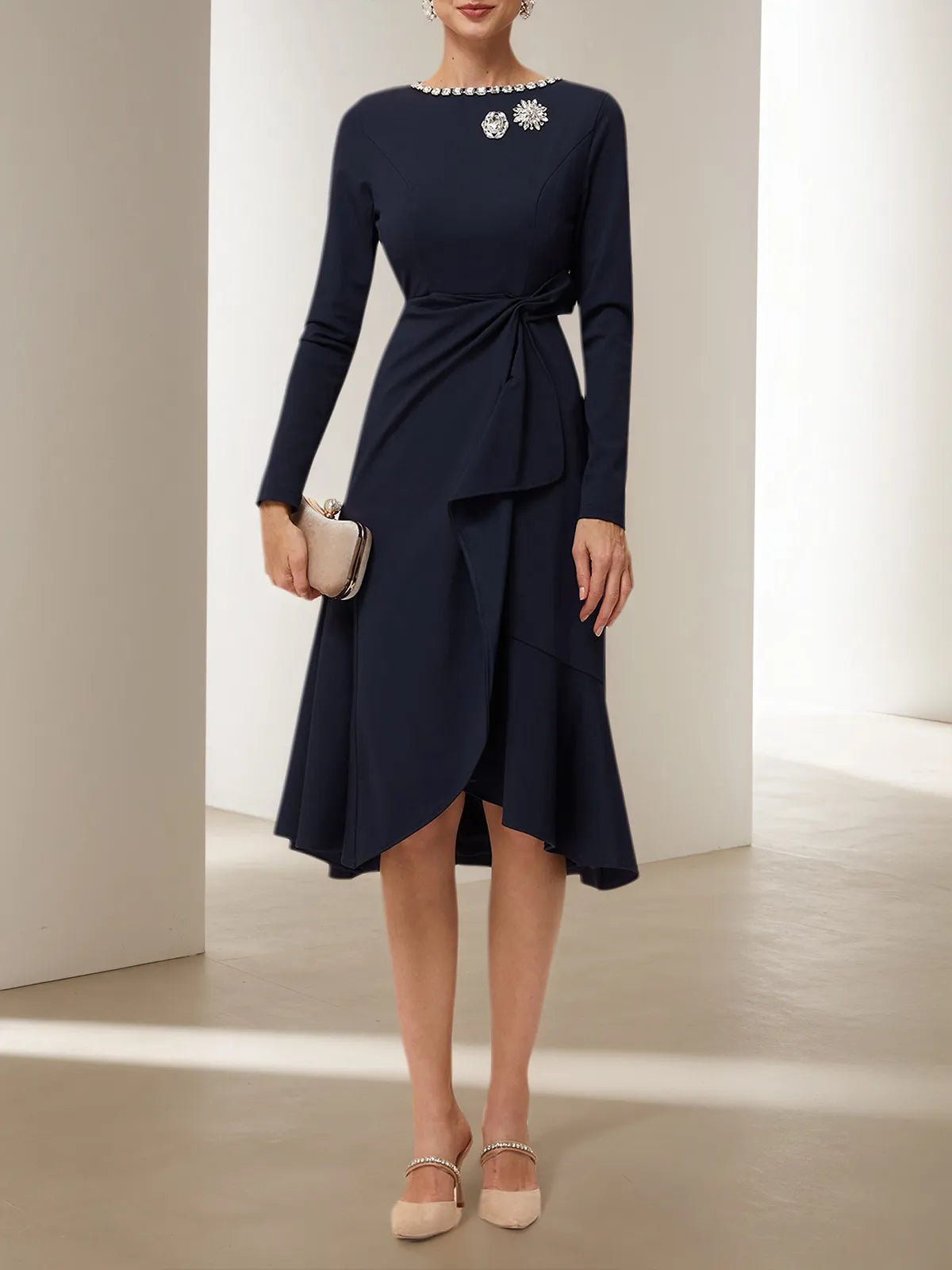 Navy Blue Rhinestone A-Line Midi Dress