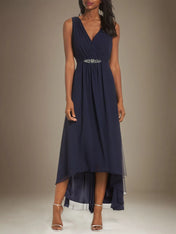 A Line Chiffon V Neck Sleeveless Asymmetrical Dress With Rhinestones