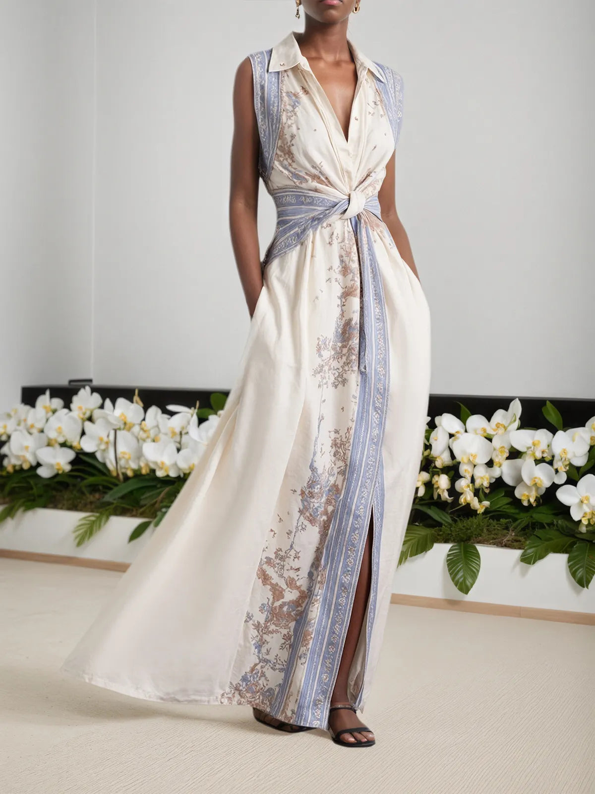 Blue Buckle Knot Front Shirt Dress Shirt Collar Sleeveless A-Line Maxi Dress