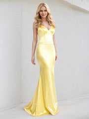 Yellow Satin Trumpet/Mermaid V Neck Sleeveless Floor Length Bridesmaid Dress