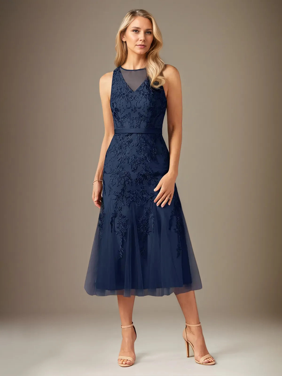 Sheath/Column Lace Scoop Neck Sleeveless Tea Length Dress