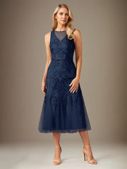 Sheath/Column Lace Scoop Neck Sleeveless Tea Length Dress