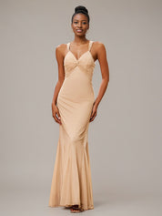 Champagne Trumpet/Mermaid Chiffon V Neck Sleeveless Floor-Length Bridesmaid Dresses