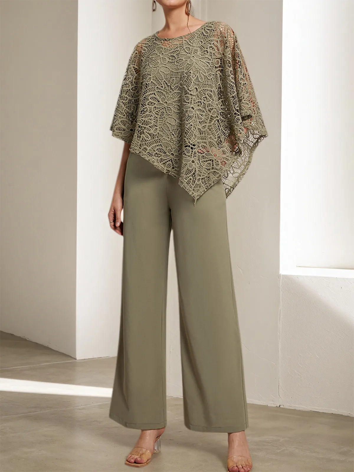 Army Green Women Lace Crew Neck Sleeve Chiffon Two-Piece Set