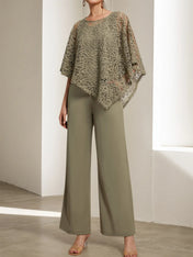 Army Green Women Lace Crew Neck Sleeve Chiffon Two-Piece Set