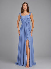 A Line Chiffon Square Neck Floor Length Sleeveless Bridesmaid Dress With Ruffles