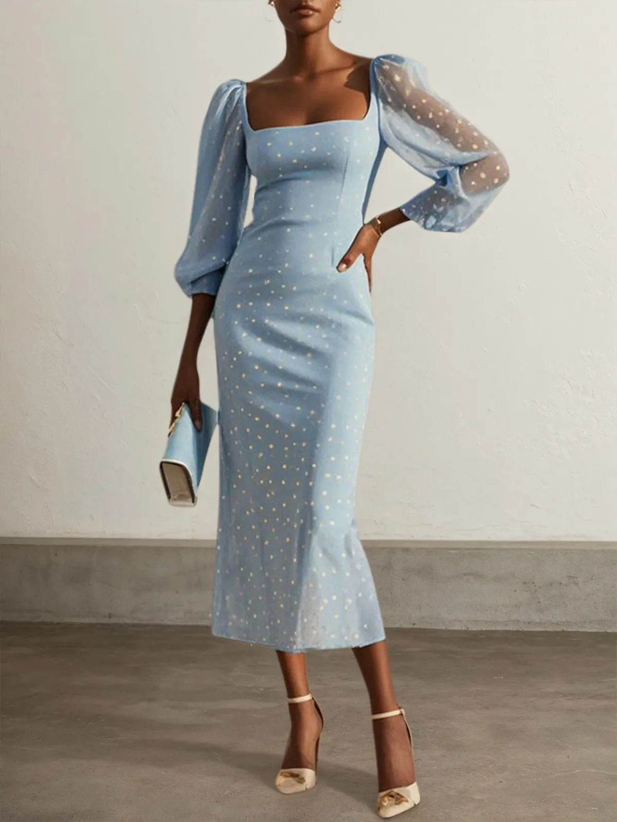Light Blue Chiffon Square Neck Long Balloon Sleeve Sheath Midi Dress