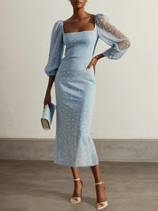 Light Blue Chiffon Square Neck Long Balloon Sleeve Sheath Midi Dress