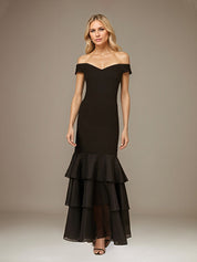 Black Stretch Crepe Off the Shoulder Sleeveless Floor Length Dress With Ruffles