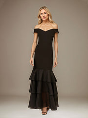 Black Stretch Crepe Off the Shoulder Sleeveless Floor Length Dress With Ruffles