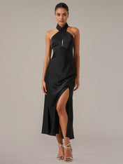 Black Satin Sheath/Column Halter Neck Sleeveless Ankle Length Dress