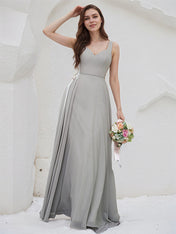 Silver Chiffon A Line V Neck Sleeveless Floor Length Bridesmaid Dress