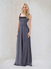 Gray Satin A Line Spaghetti Straps Sleeveless Floor Length Bridesmaid Dress