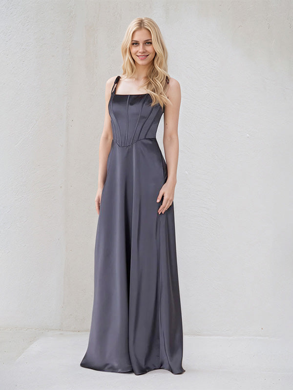 Gray Satin A Line Spaghetti Straps Sleeveless Floor Length Bridesmaid Dress