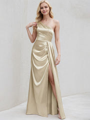 Champagne Satin A Line One Shoulder Sleeveless Floor Length Bridesmaid Dress