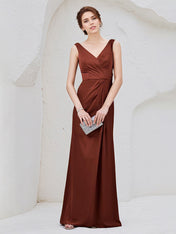 Burgundy Chiffon Sheath/Column V Neck Sleeveless Floor Length Bridesmaid Dress