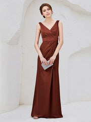 Burgundy Chiffon Sheath/Column V Neck Sleeveless Floor Length Bridesmaid Dress