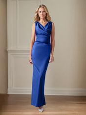 Sapphire Satin Sheath/Column V Neck Floor Length Mother of the Bride Dresses