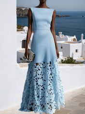 Light Blue Lace Classic Boat Neck Sleeveless A-Line Maxi Dress