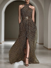 Brown Slit Classic Halter Sleeveless A-Line Maxi Dress