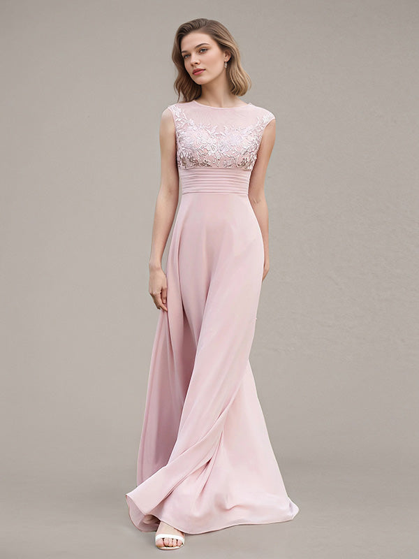 Petal A-Line Chiffon Scoop Neck Sleeveless Floor-Length Bridesmaid Dresses With Appliques