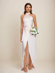 Blushing Pink Satin Sheath/Column Halter Neck Floor Length Sleeveless Bridesmaid Dress