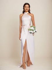 Blushing Pink Satin Sheath/Column Halter Neck Floor Length Sleeveless Bridesmaid Dress