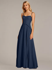 Navy A Line Chiffon Spaghetti Straps Sleeveless Floor Length Dresses
