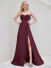 Cabernet Chiffon A Line Sweetheart Sleeveless Floor Length Bridesmaid Dress