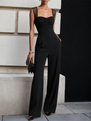 Women Black Ruched Sweetheart Neckline Sleeveless Dressy Jumpsuit