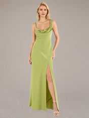 Green Sheath/Column Satin Asymmetrical Sleeveless Floor Length Dresses