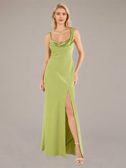 Green Sheath/Column Satin Asymmetrical Sleeveless Floor Length Dresses