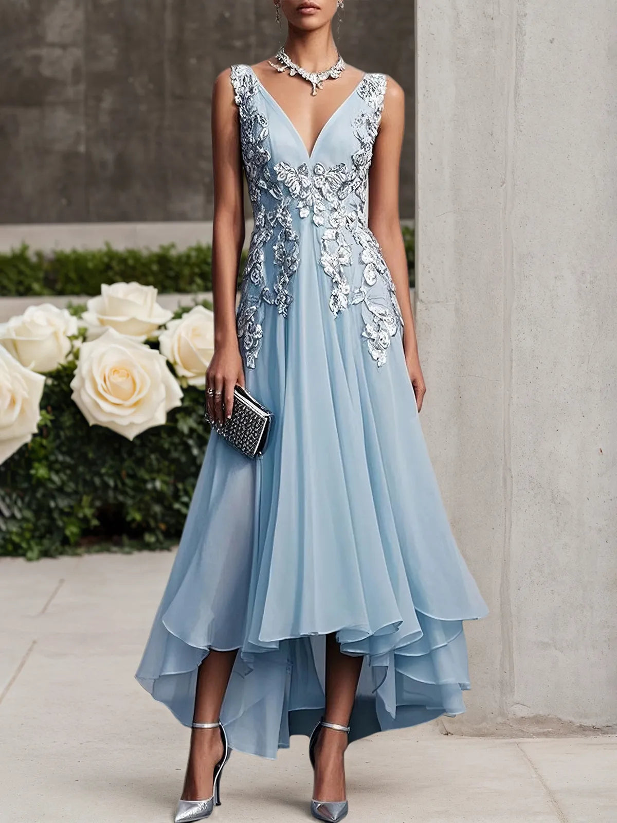 Light Blue Prom Lace Asymmetric Chiffon V Neck Sleeveless A-Line Maxi Dress