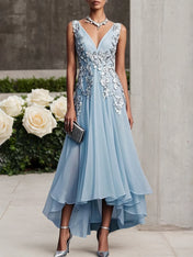 Light Blue Prom Lace Asymmetric Chiffon V Neck Sleeveless A-Line Maxi Dress