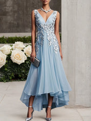 Light Blue Prom Lace Asymmetric Chiffon V Neck Sleeveless A-Line Maxi Dress