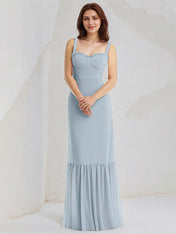 Ice Blue Sheath/Column Chiffon Spaghetti Straps Sleeveless Floor Length Bridesmaid Dresses