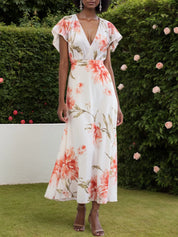 Orange Red Chiffon V Neck Short Sleeve Bell Sleeve A-Line Midi Dress