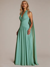 Green A Line Chiffon Halter Neck Sleeveless Floor Length Dresses