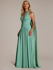 Green A Line Chiffon Halter Neck Sleeveless Floor Length Dresses