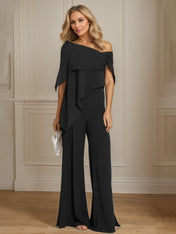 Black Chiffon Jumpsuits Asymmetrical Short Sleeves Floor Length Mother of the Bride Dresses