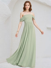 Celadon Chiffon A Line Off the Shoulder Sleeveless Floor Length Pleated Bridesmaid Dress
