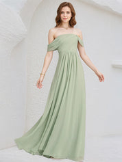 Celadon Chiffon A Line Off the Shoulder Sleeveless Floor Length Pleated Bridesmaid Dress