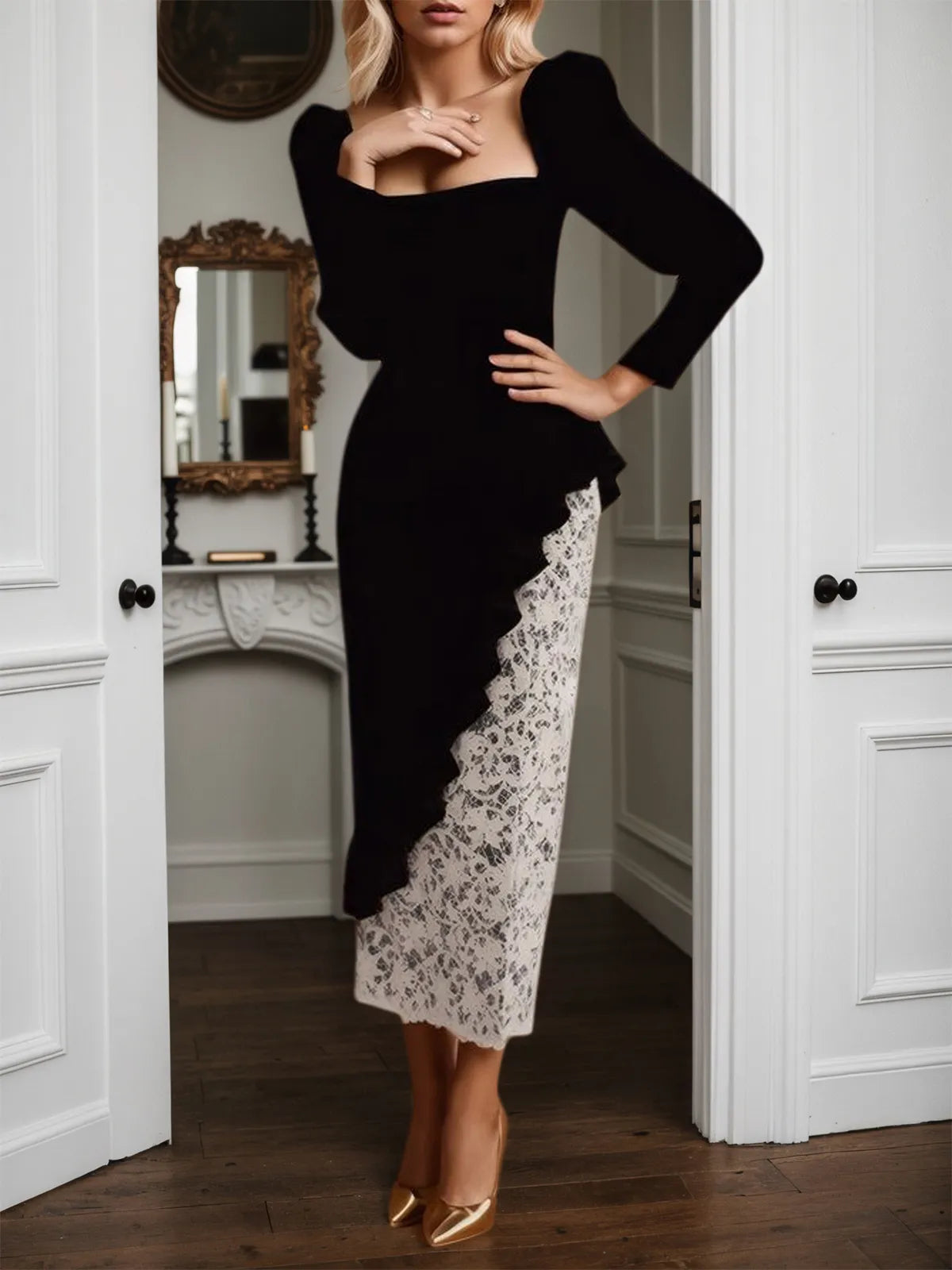 Black Lace Ruffled Velvet Square Neck Long Sleeve Sheath Midi Dress