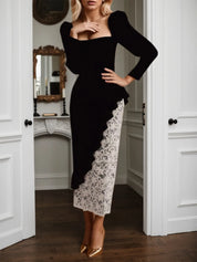 Black Lace Ruffled Velvet Square Neck Long Sleeve Sheath Midi Dress