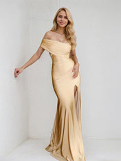 Champagne Satin Trumpet/Mermaid Off the Shoulder Floor Length Bridesmaid Dress