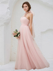 Pink Tulle A Line Halter Neck Sleeveless Floor Length Bridesmaid Dress