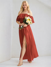 Rust Chiffon A Line Spaghetti Straps Sleeveless Floor Length Bridesmaid Dress With Ruffle