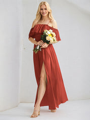 Rust Chiffon A Line Spaghetti Straps Sleeveless Floor Length Bridesmaid Dress With Ruffle