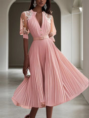 Pink Pleated Lace V Neck A-Line Midi Chiffon Dress